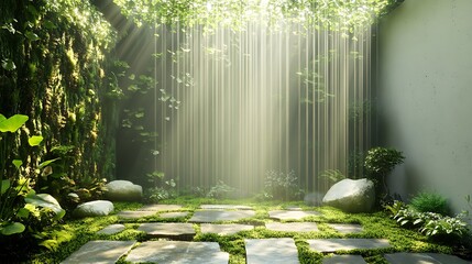 Sunlight streams through lush greenery creating a peaceful outdoor space