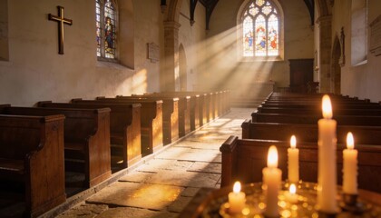 Fototapeta premium Soft Sunlight Through Church Window with Candles Peaceful Mood