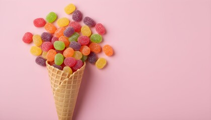 Colorful candies overflowing from a waffle ice cream cone on a pastel pink background.