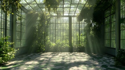 Sunlit greenhouse interior with lush greenery and geometric pattern floor