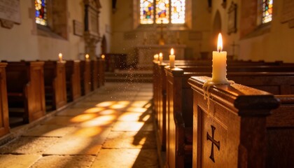 Soft Sunlight Through Church Window with Candles Peaceful Mood