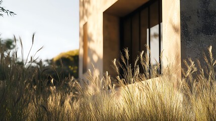Sunlit exterior of building with wheatgrass in focus for architectural concepts