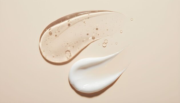 Cosmetic creams and serums on a neutral beige background.