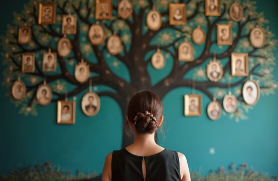 Woman looks at family tree on wall with ancestor photos. Genealogy research shows generational lineage, roots, past, and identity. Heritage connects present to origin.