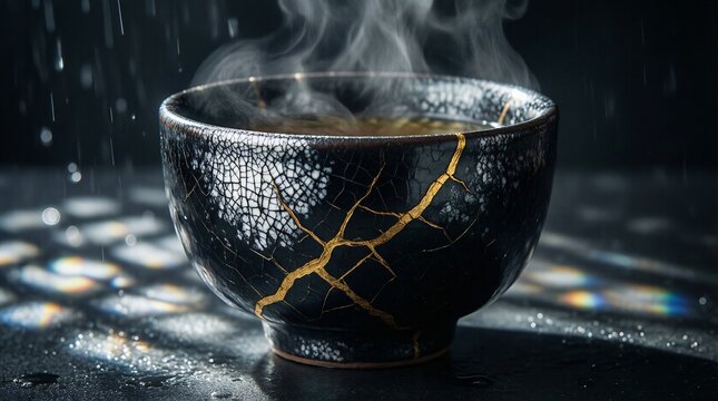 Black kintsugi ceramic bowl with gold cracks and rising steam
