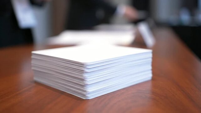 Hand holding a stack of white papers on a wooden table.