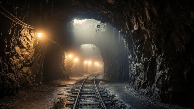 Mysterious subterranean passage with glowing lights illuminating rugged rock walls  and rail tracks
