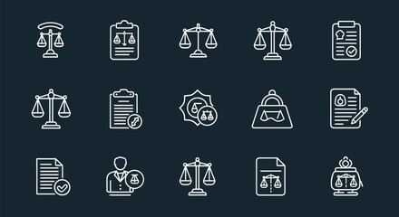 Legal icons set illustrating justice scales documents and symbols