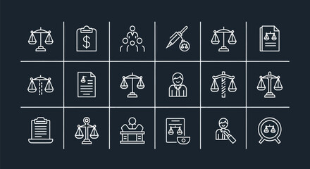 Legal icons set scales of justice documents and related concepts