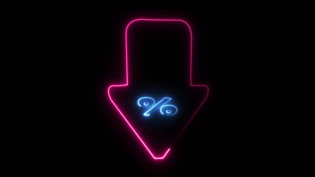 Neon glowing down arrow with number 36 in futuristic digital style on black background for business success and technology concept