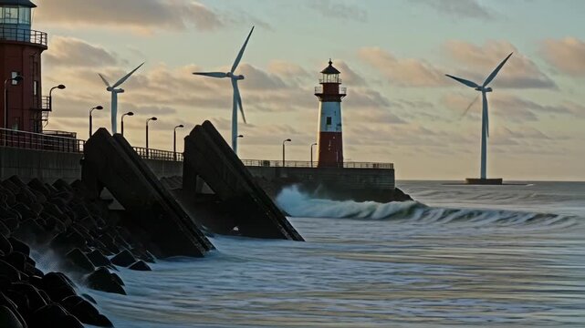 Ocean Power: Lighthouse, Wind Turbines & Crashing Waves at Sunset