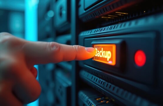 Finger presses illuminated backup button on server rack. Person initiates data protection on computer hardware. Secure storage of important digital files.