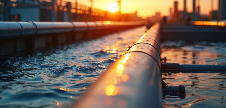 Water treatment plant pipelines at sunset. Industrial water purification and recycling system in operation. Clean environment infrastructure on city background.