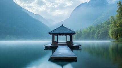 Tranquil gazebo on a serene lake reflecting mountain scenery and nature
