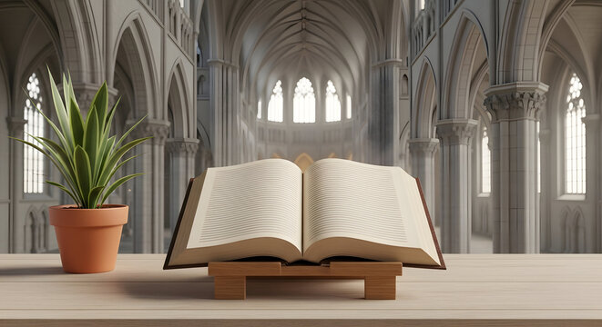 An open book on a wooden stand next to a potted plant on a table in a large cathedral with arched windows and columns
