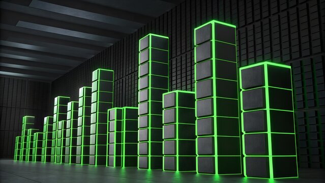 Green neon cubes in dark room