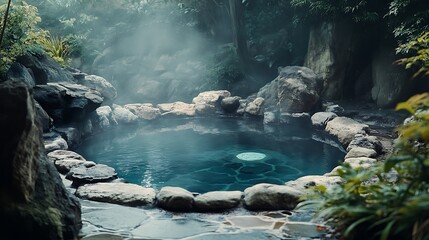 Tranquil hot spring pool surrounded by rocks and lush greenery