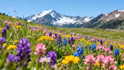 Obraz premium Beautiful mountain meadow filled with colorful wildflowers and snowy peaks