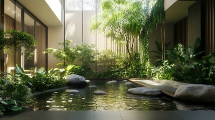 Tranquil indoor garden with pond and lush greenery under natural sunlight