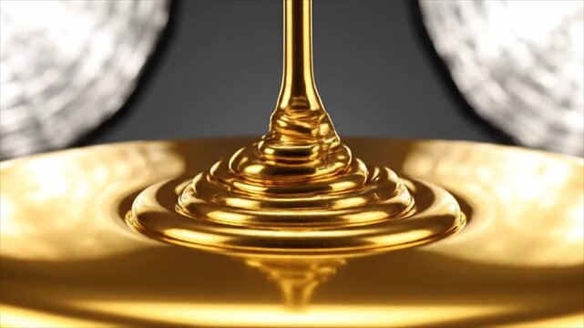Golden honey pouring onto a reflective golden surface, creating ripples and a viscous flow from a height