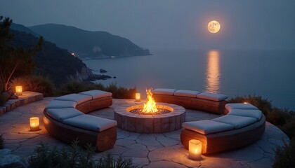 Fototapeta premium Fire pit glows brightly at night beside tranquil ocean. Moon shines above calm water. Lounge seating awaits guests, inviting relaxation under stars. Candles add warm light to patio.