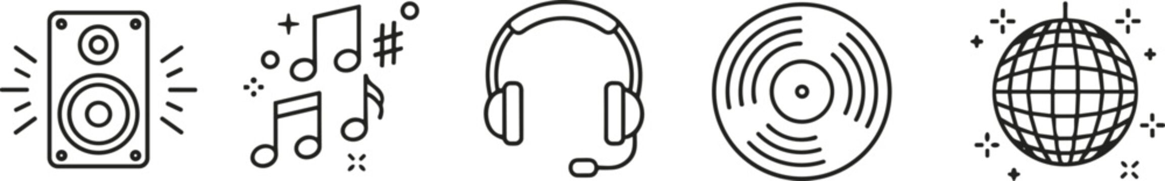 Music and audio outline icon set with speaker notes headset vinyl record and disco ball isolated vector illustration