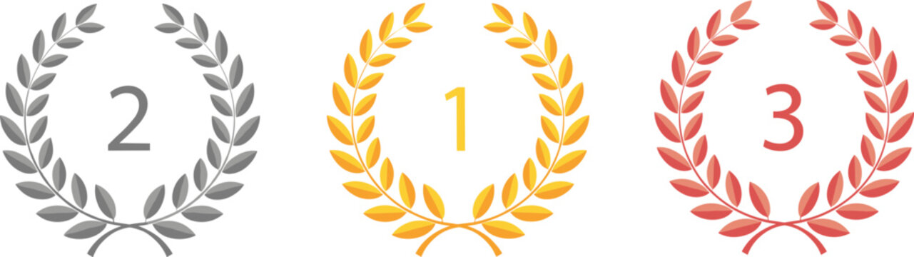 Winner podium laurel wreath set with first second and third place award badges isolated on white background vector illustration