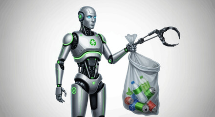 Fototapeta premium Robot collecting batteries in a bag for recycling purposes.