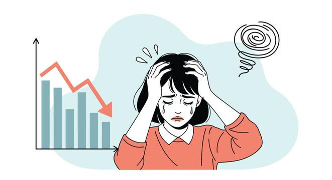 Stressed woman holding her head in distress next to a falling bar graph and arrow indicating financial or business loss.