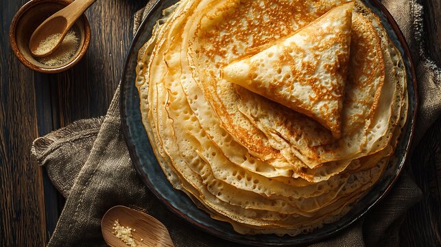 Tall stack of thin golden crepes folded elegantly on a plate with wooden spoons nearby.