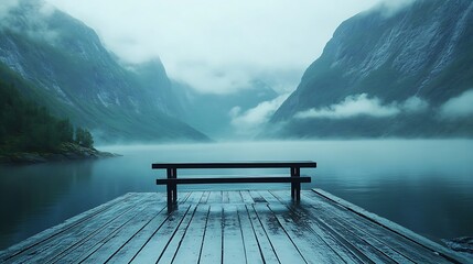 Tranquil lake scene with bench foreground misty mountains and water landscape