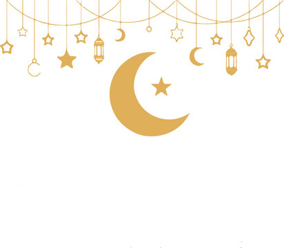 Golden crescent moon and star with hanging lanterns and celestial decorations