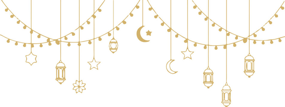 Elegant golden islamic string lights with lanterns, crescent moons, and stars for festive decoration