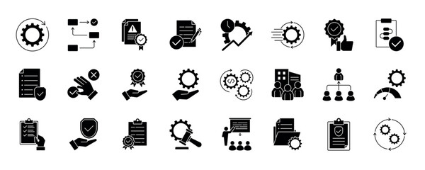 SOP (Standard Operating Procedure) collection set. Containing process, guidelines, workflow, compliance, documentation, efficiency, consistency, quality, procedure, policy icon and more.