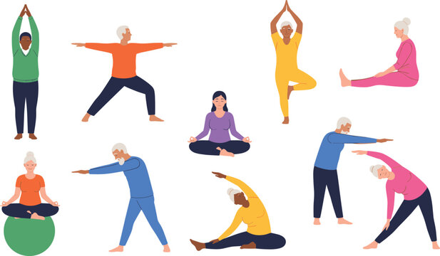 Senior people yoga and stretching exercise set with meditation balance poses and wellness activities in flat vector illustration