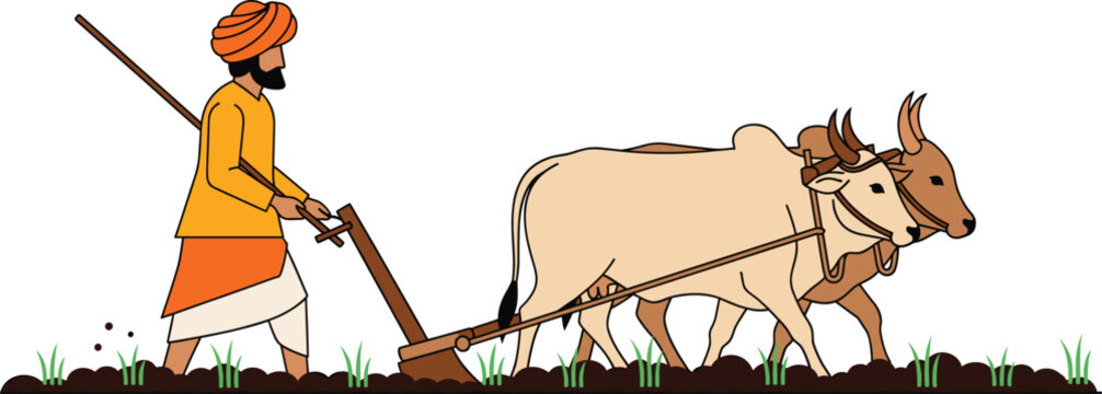Indian farmer plowing field with oxen traditional agriculture rural cultivation scene isolated on white background flat vector illustration