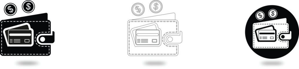 icons Wallet with credit card and coins simple icon set representing finance and payment perfect for web and app design