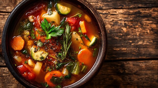 Rustic vegetable stew brimming with carrots, zucchini, and herbs presented in a dark bowl.