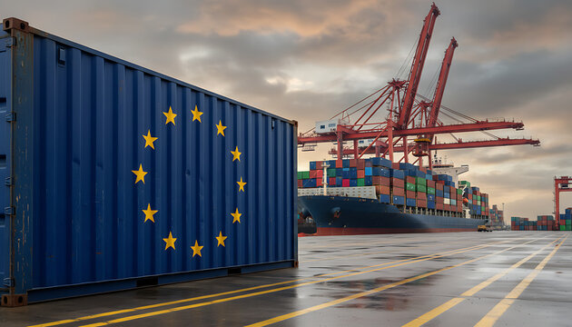 logistic container with EU flag. Global Logistics and Trade theme