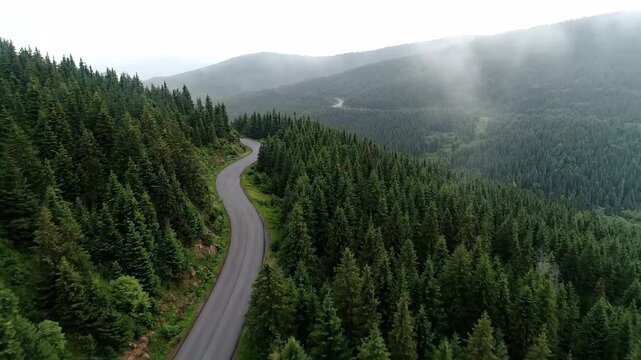 Aerial view of a winding road through dense forest with misty mountains in the background