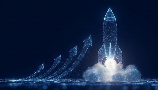 Digital rocket launch signifies rapid business growth with upward trending arrows. Abstract tech background with connected dots, lines creates futuristic concept for success. Boosting development - Powered by Adobe
