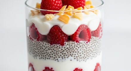 Layered dessert with chia seeds, yogurt, and fresh raspberries in a glass.