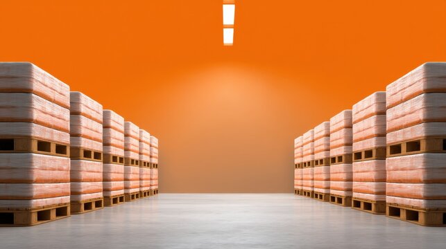 Warehouse Interior with Stacked Pallets of Orange Wrapped Products under Bright Lighting Featuring a Vibrant Wall and Spacious Aisle