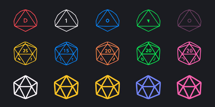 A collection of brightly colored polyhedral dice on a dark background