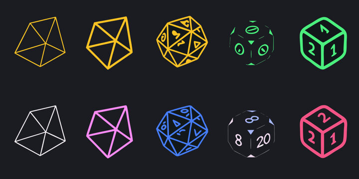 Colorful collection of polyhedral dice on a dark background