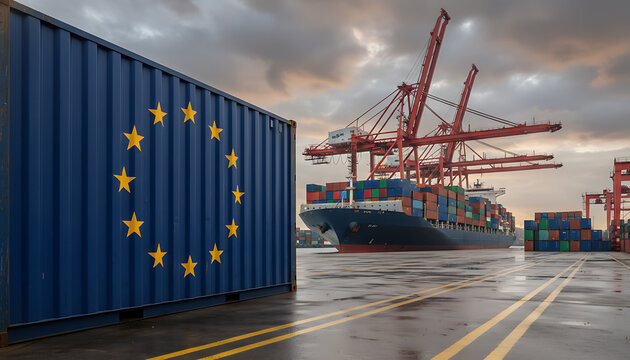 logistic container with EU flag. Global Logistics and Trade theme