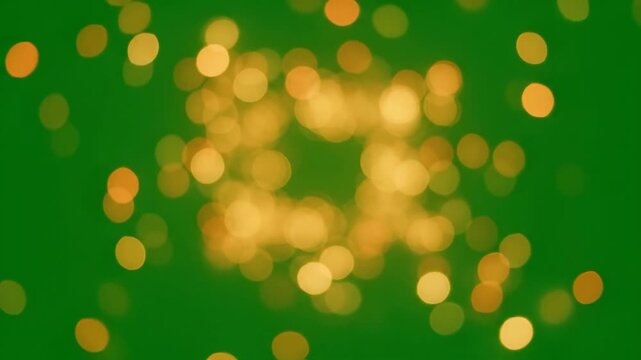 Golden lights floating in the air on a green background, creating a vibrant, festive atmosphere with bokeh effect.