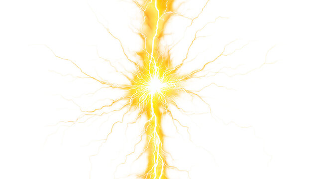 A bright, radiant yellow lightning strike emanating from a central point, with energetic sparks spreading outwards on a white background