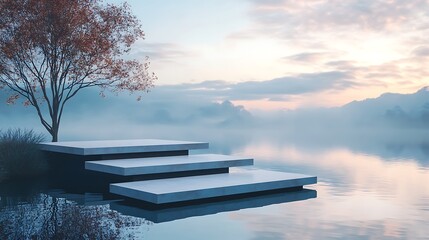 Tranquil outdoor scene with floating platforms near a tree and misty water