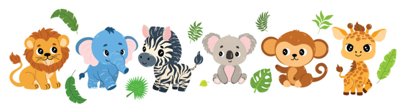 cute cartoon safary animals lion zebra koala elephant